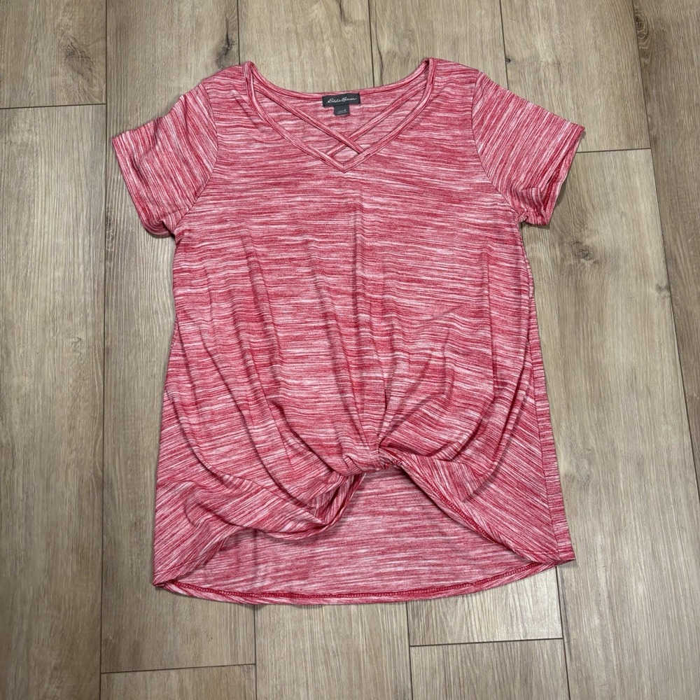 Eddie Bauer Womens Top Size Small Pullover Neck Tie Front Short Sleeve Red